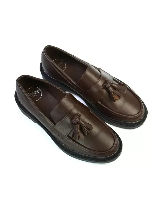 Alida Chunky Loafers Tassel Back To School Flat Shoes in Black Synthetic Leather