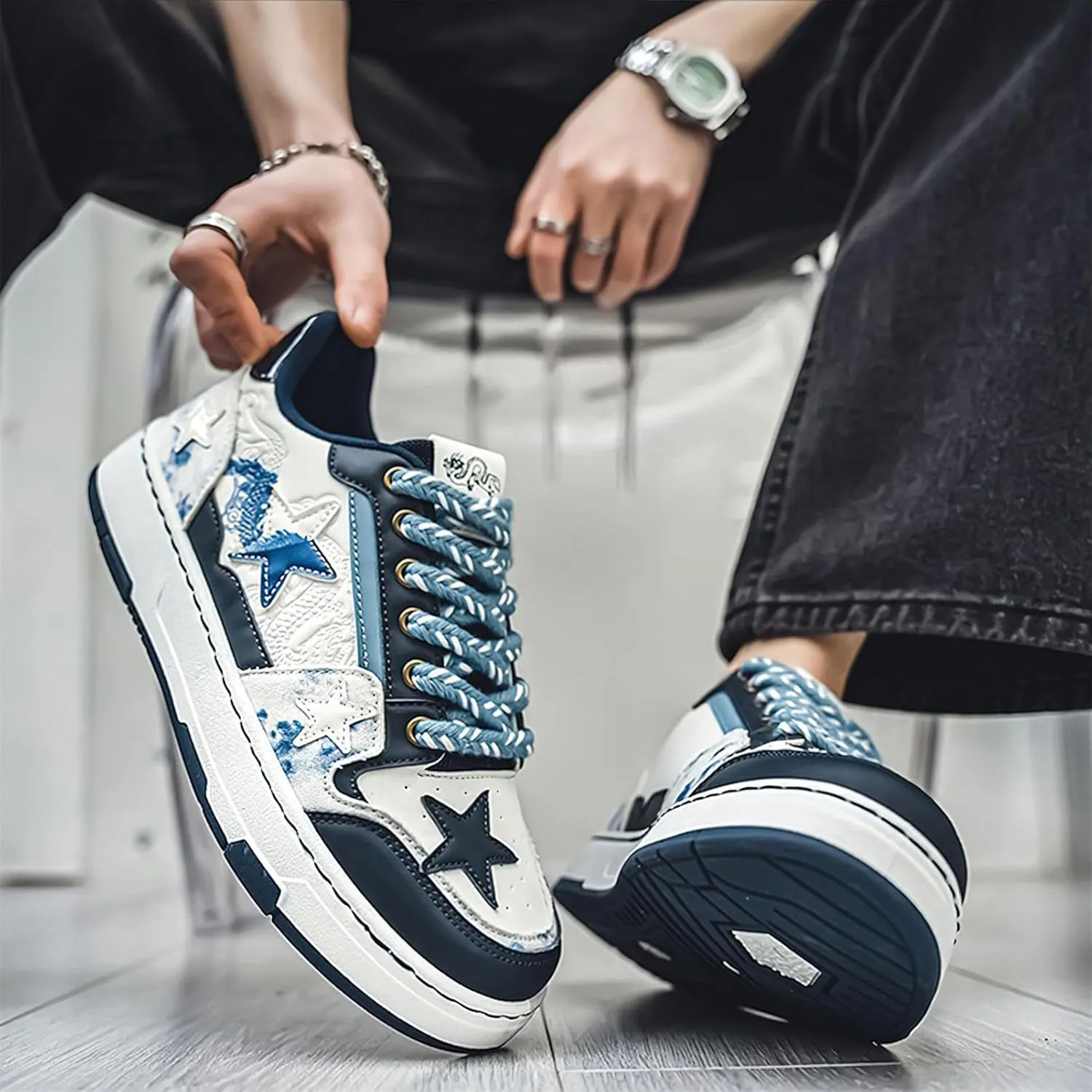 Exusiai Men Chunky Sneakers Star Fashion Flat Platform Dad Shoes Breathable Lace-up Walking Running Sneakers Refer to Casual Gathering Travel