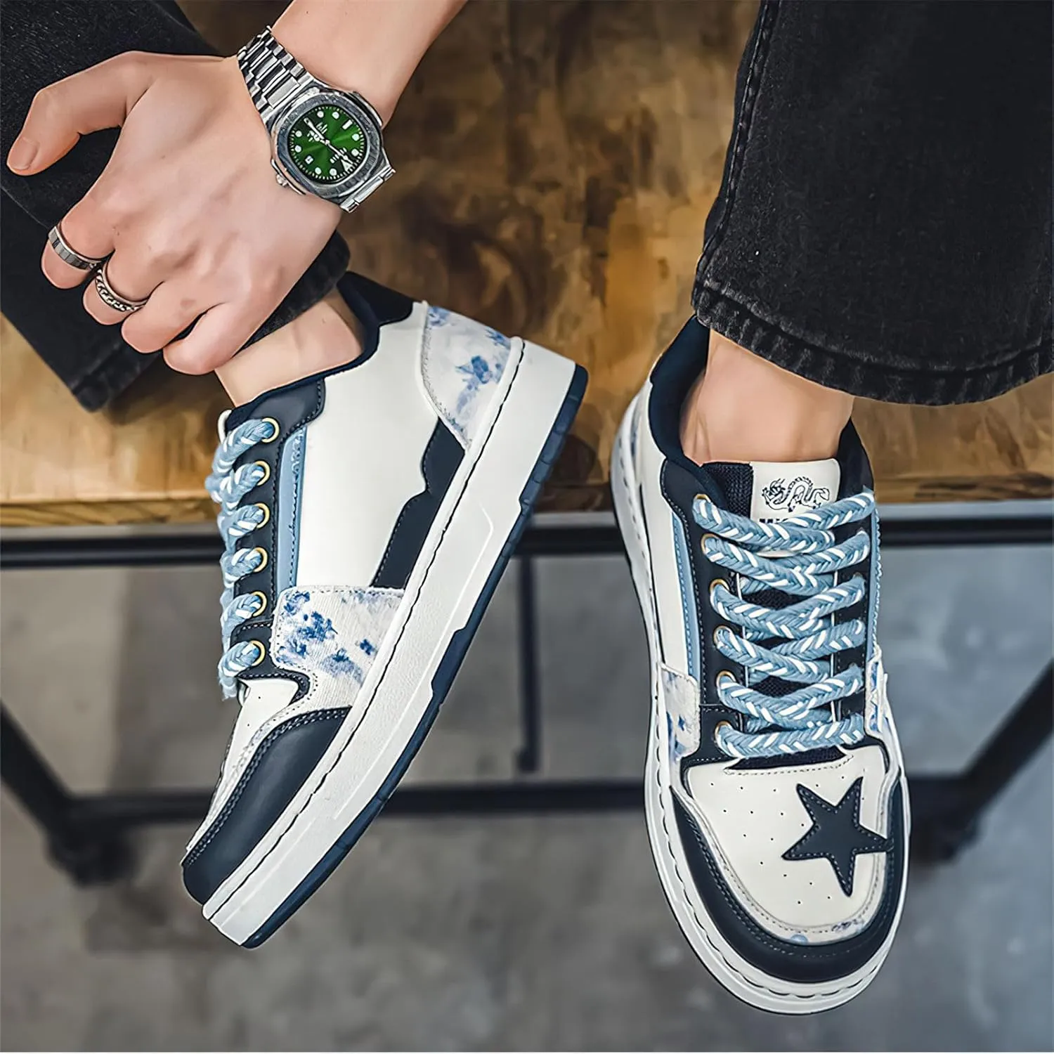 Exusiai Men Chunky Sneakers Star Fashion Flat Platform Dad Shoes Breathable Lace-up Walking Running Sneakers Refer to Casual Gathering Travel