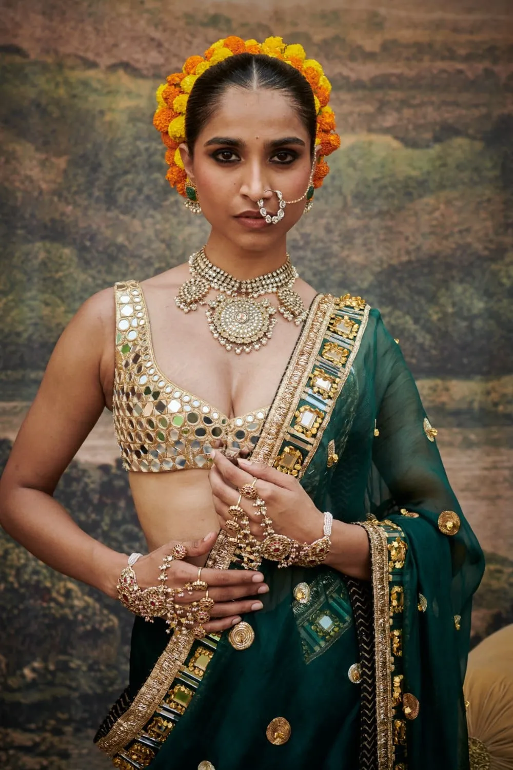 Green & Golden Organza Mirror Work Saree Set