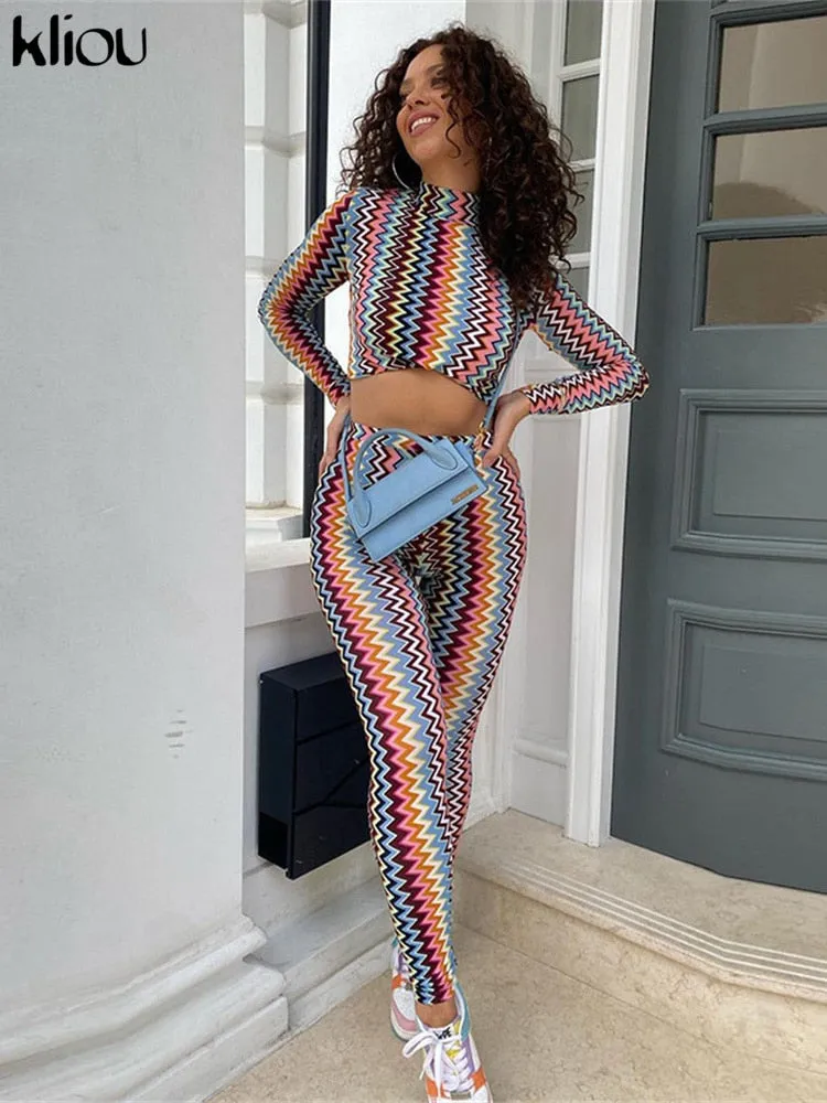 Kliou Color Match Two Piece Set Women Aesthetic Striped Sheath Long Sleeve Top Slim Body-Shaping High Waist Street Style Outfit
