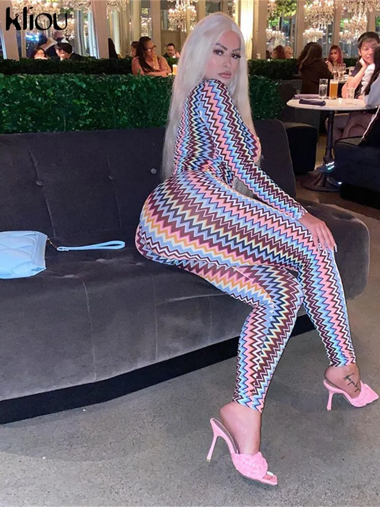 Kliou Color Match Two Piece Set Women Aesthetic Striped Sheath Long Sleeve Top Slim Body-Shaping High Waist Street Style Outfit